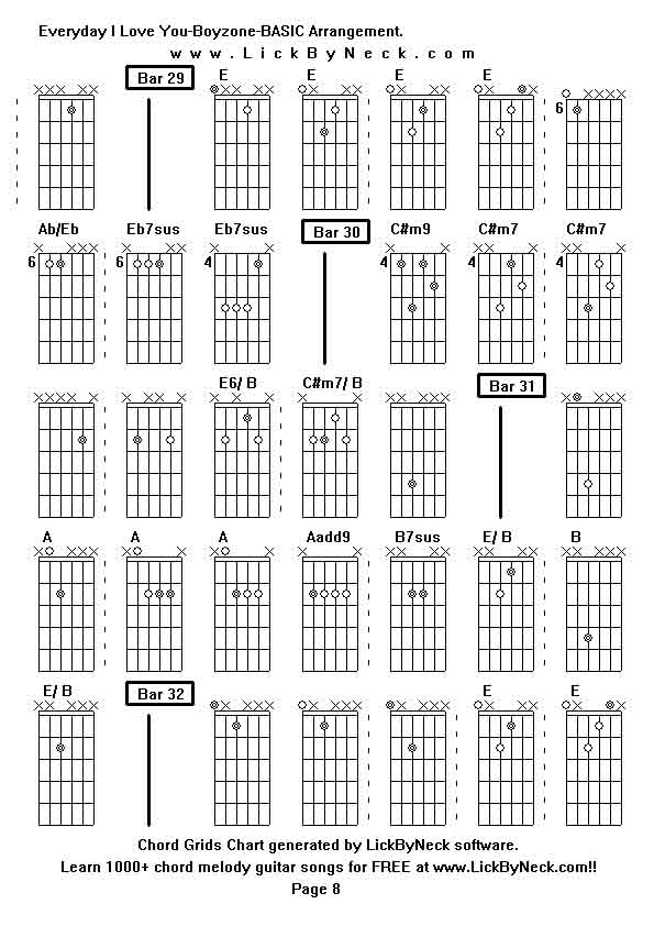 Chord Grids Chart of chord melody fingerstyle guitar song-Everyday I Love You-Boyzone-BASIC Arrangement,generated by LickByNeck software.